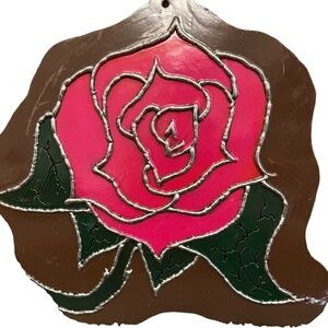 Vintage Hand Forged Red Rose And Hand Painted On Metal  Wall‎ Art